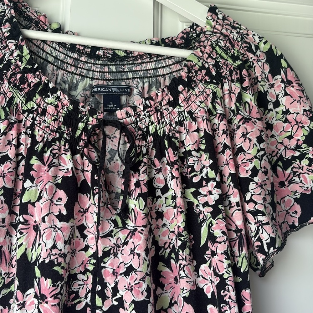 American Living Black and Pink Floral Blouse size large Cottagecore cotton y2k - Picture 3 of 4